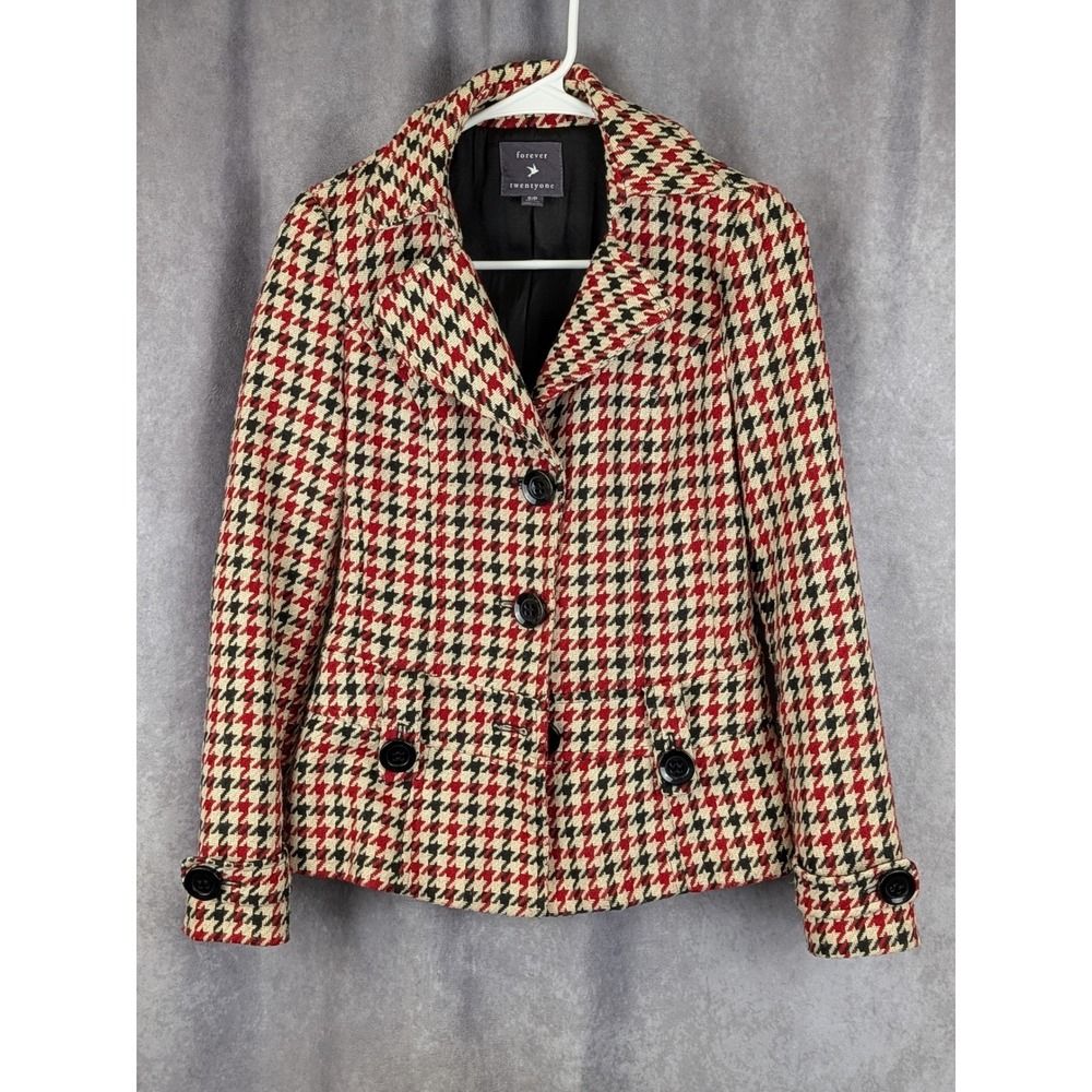 Forever 21 Twentyone Houndstooth Blazer Jacket Red Black Cream Size Small (C100)